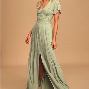 Lulus Completely In Love Sage Green Swiss Dot Button-Front Maxi Dress
